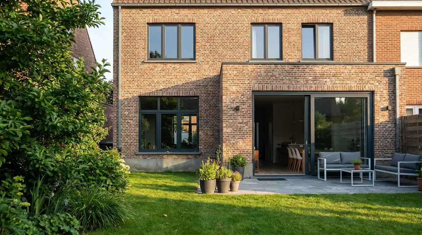 Gerenoveerde woning met nieuwe antracietgrijze aluminium ramen en een groot hefschuifraam naar de tuin