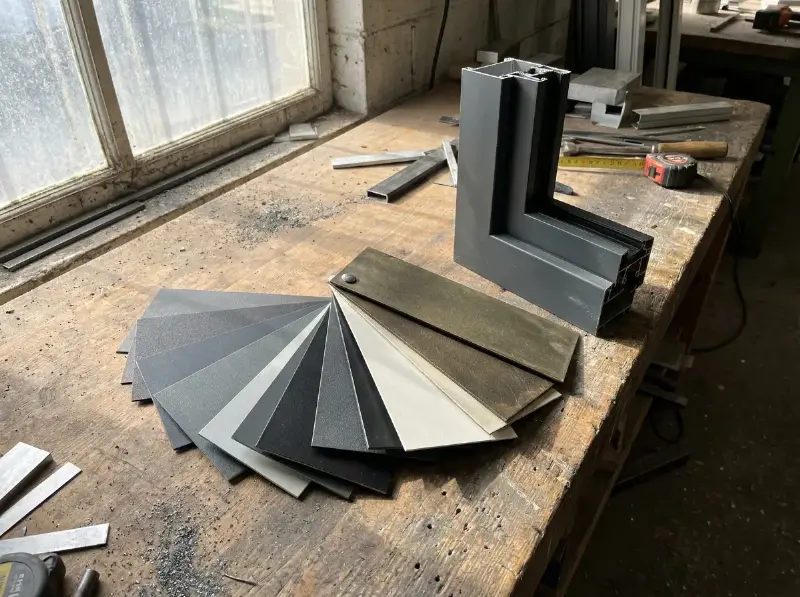 Waaier van gelakte aluminium kleurstalen in grijstinten, zwart, wit en brons op een werkbank