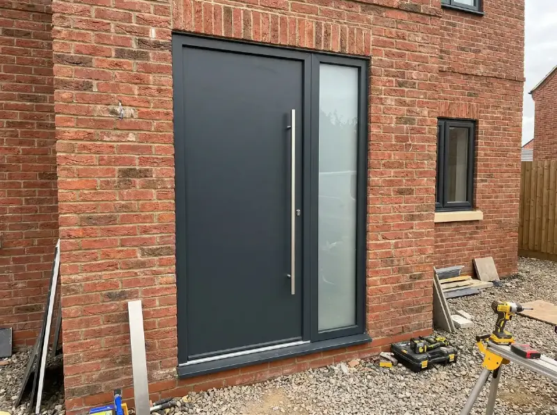 Aluminium voordeur in antraciet met verticale greep en smal zijlicht in een bakstenen gevel